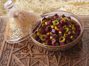 beetroot with parsley, sliced green olives , and corn