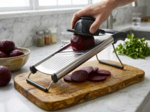 Slicing beet rounds with a mandoline in a grey marble kitchen