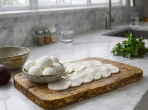 Slicing Bufala mozzarella on a wooden board in a marble kitchen