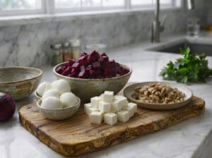 A bowl of beetroot cubes and feta cheese cubes on a wooden board, with a dish of crushed walnuts in a marble kitchen.