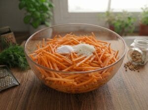 Grated carrots in a glass bowl with salt and sugar