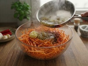 Hot oil poured over grated carrots and garlic.