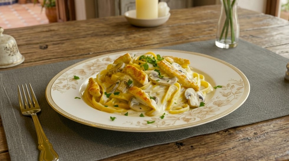 A plate of fettuccine pasta with creamy mushroom sauce and golden-brown chicken strips