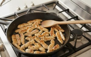 A pan filled with golden-brown chicken strips