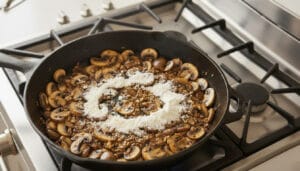 A pan with sautéed French mushrooms, a dusting of white flour, and finely chopped parsley