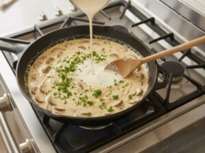 A pan of creamy Parmesan sauce garnished with finely chopped parsley