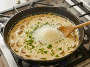 A pan of creamy Parmesan sauce garnished with finely chopped parsley