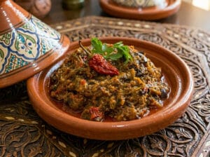 Zaalouk, made with roasted eggplant and rich tomato sauce