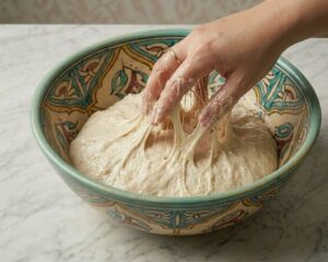 Hand kneading sticky dough in an intricate, traditional Moroccan Zlafa bowl