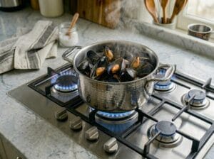 A pot filled with fresh mussels in their shells
