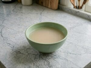A light green bowl containing the flavorful mussel cooking liquid