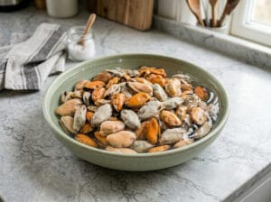 A light green bowl filled with shucked mussels
