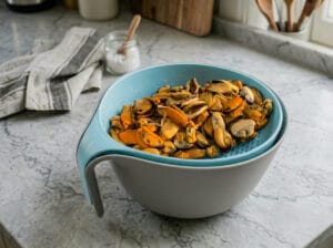 Mussels in a colander set over a bowl for draining