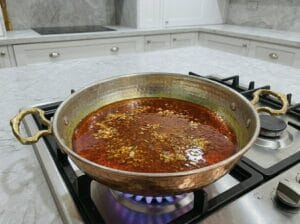 A copper pan containing a mixture of oil, minced garlic, and paprika