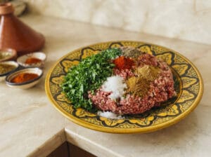 Veal kofta with spices in a yellow Moroccan patterned plate